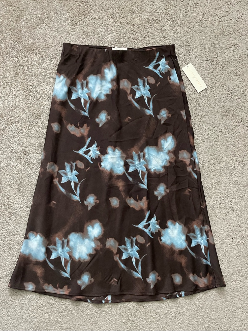 Thirty Thirty - Chocolate Brown Satin Midi Skirt / floral and cloud watercolor